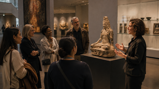 A museum educator speaking with a small group of visitors beside a sculpture in a gallery.