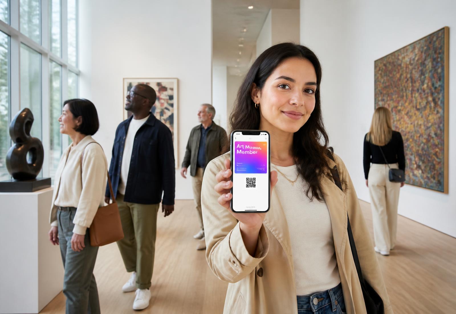 Museum visitor showing a digital membership card on her phone inside a gallery