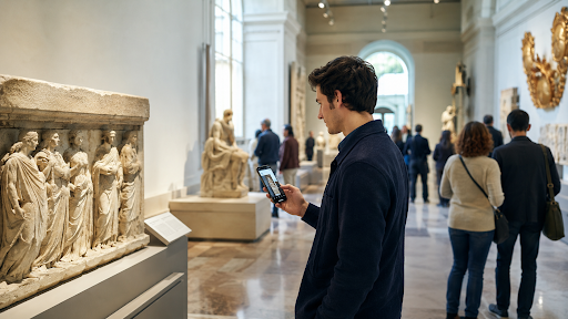 A man looking at his smartphone while standing in a museum gallery with other visitors and ancient sculptures.