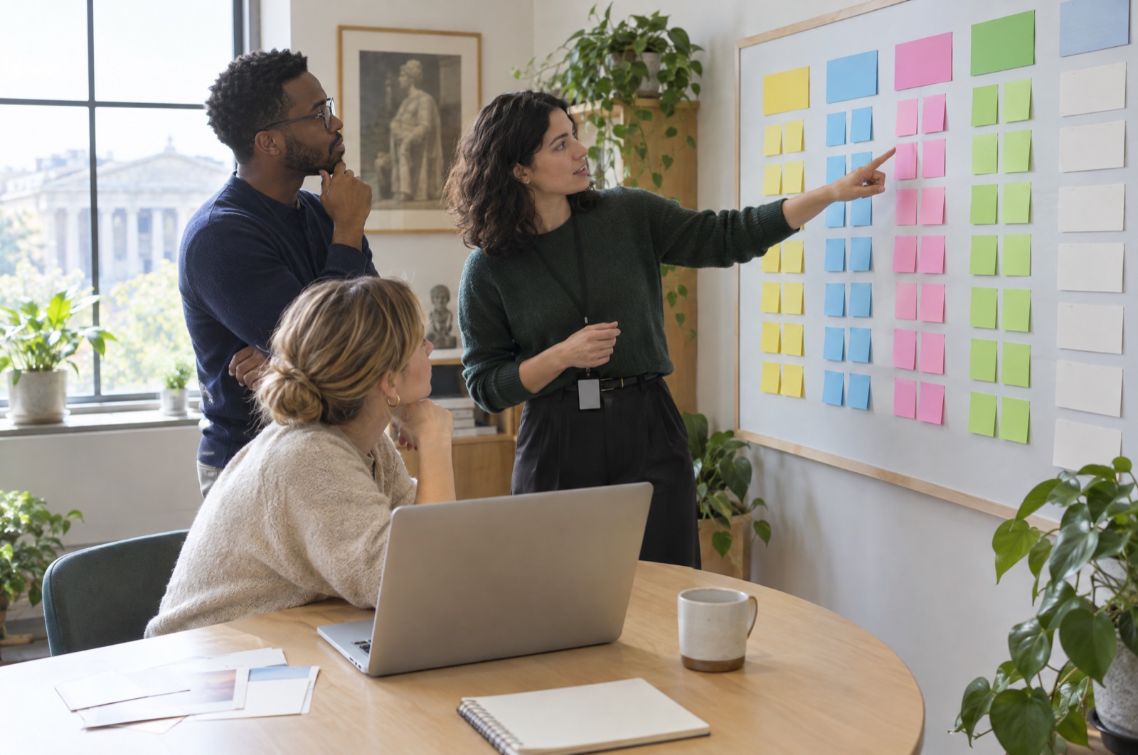 A museum membership team planning campaigns at a wall board covered in colored notes.