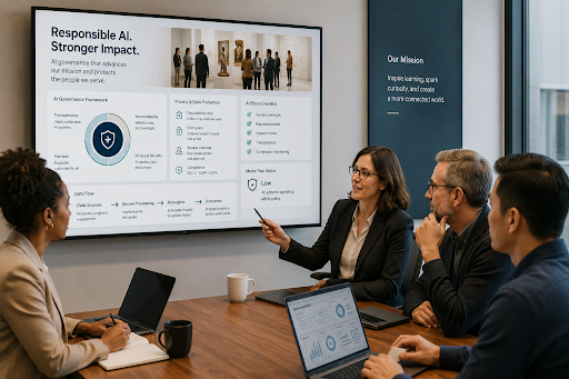 A team of nonprofit professionals reviewing an AI Governance Framework presentation covering transparency, privacy, data protection, and an AI ethics checklist.