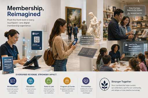 A collage showing a modern museum membership experience — a digital membership card, a visitor exploring on a tablet, a welcoming front desk, a gift shop, and a family enjoying a member program — alongside a Diversified Revenue, Stronger Impact graphic.