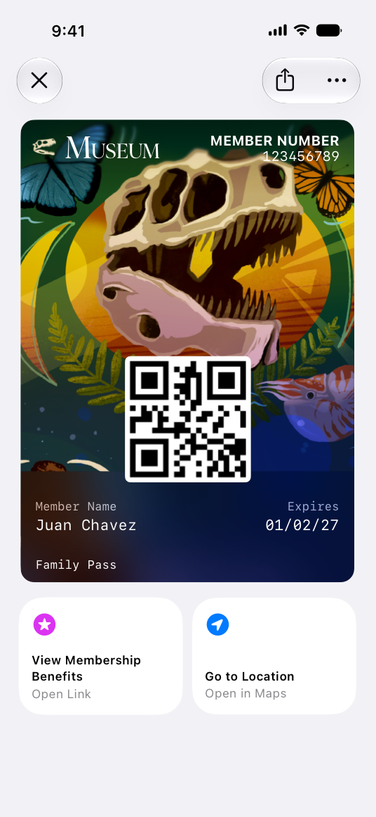 Apple illustration of a Poster Generic membership pass for a museum with two Featured Actions