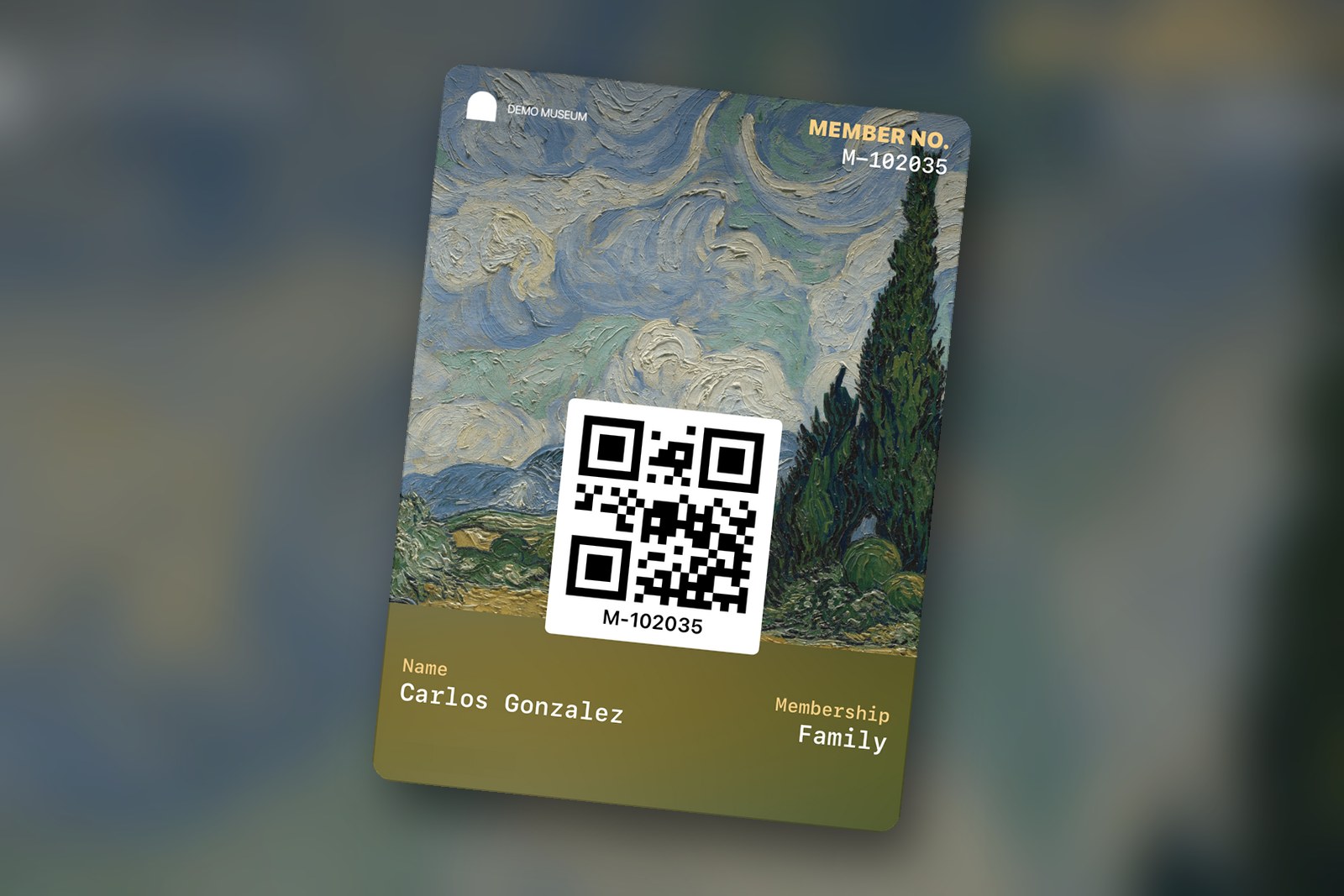 A demo museum membership card in Apple Wallet’s poster style, with Van Gogh’s Wheat Field with Cypresses as the card artwork and a QR code over it, on a blurred backdrop of the same painting