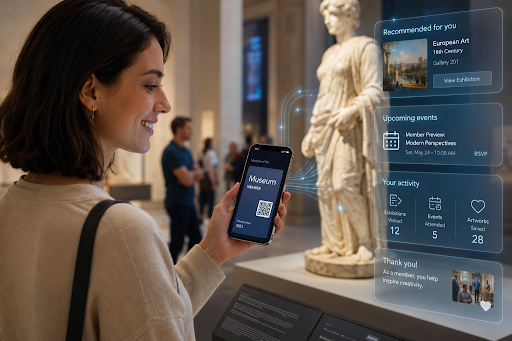 A museum visitor holding a phone displaying a digital membership card alongside personalized exhibition recommendations.