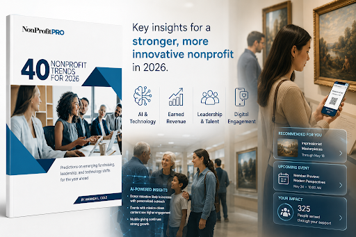 NonProfit PRO 40 Nonprofit Trends for 2026 report cover with icons highlighting AI & Technology, Earned Revenue, Leadership & Talent, and Digital Engagement.