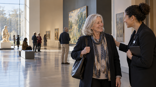 A museum staff member talking with a longtime member in a bright museum gallery.