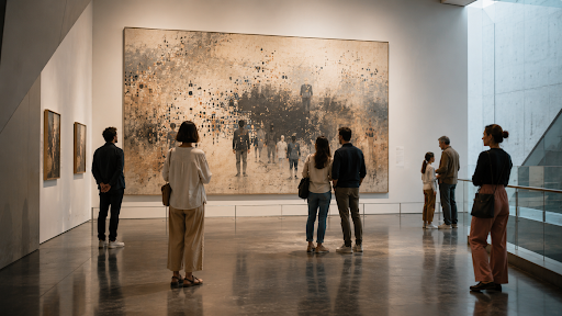 Visitors viewing a large contemporary painting in a museum gallery.