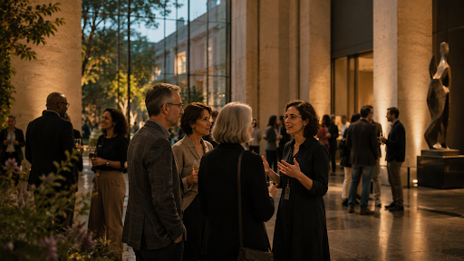 Museum supporters talking together at an evening reception in a sunlit museum atrium.