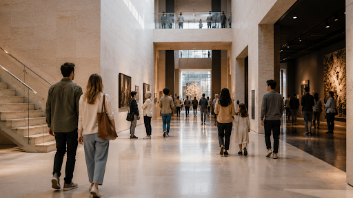 Visitors walking through a sunlit museum gallery.