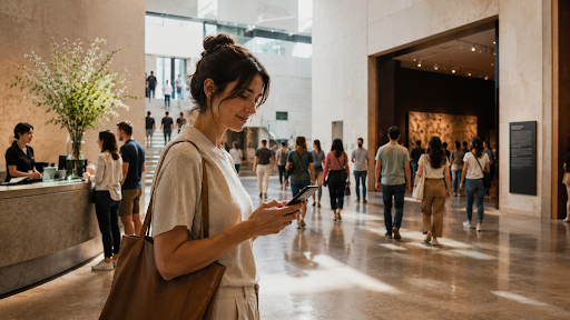 A woman looking at her phone in a museum lobby with other visitors in the background.