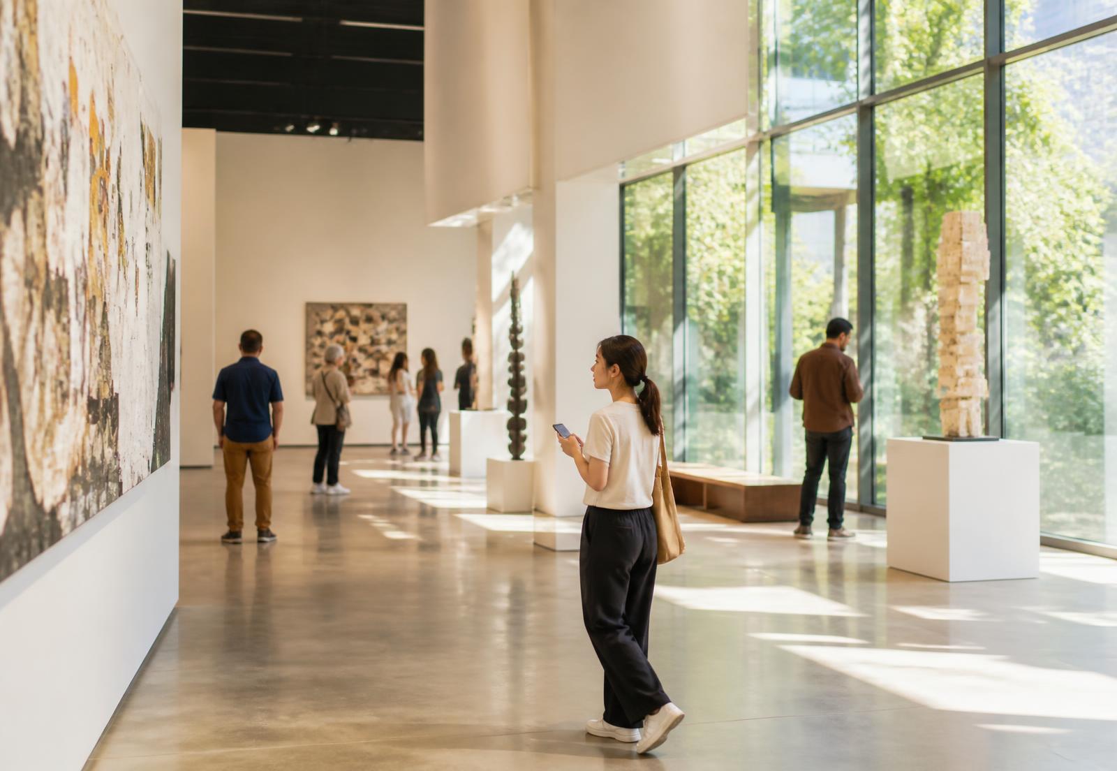 Museum visitors exploring a gallery with a digital membership experience